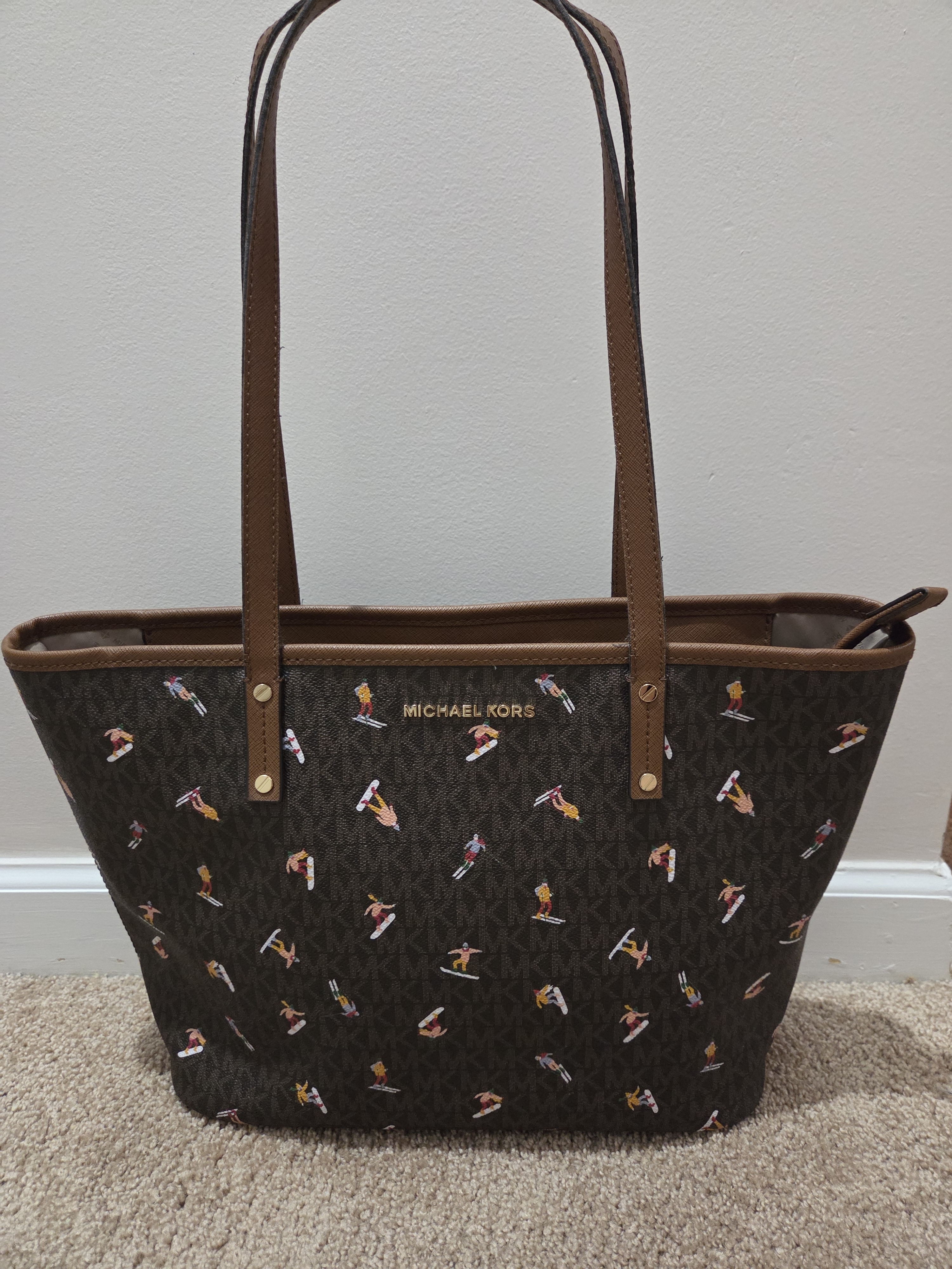 Michael Kors Brown Logo Print Tote With Multicolor Ski Motif